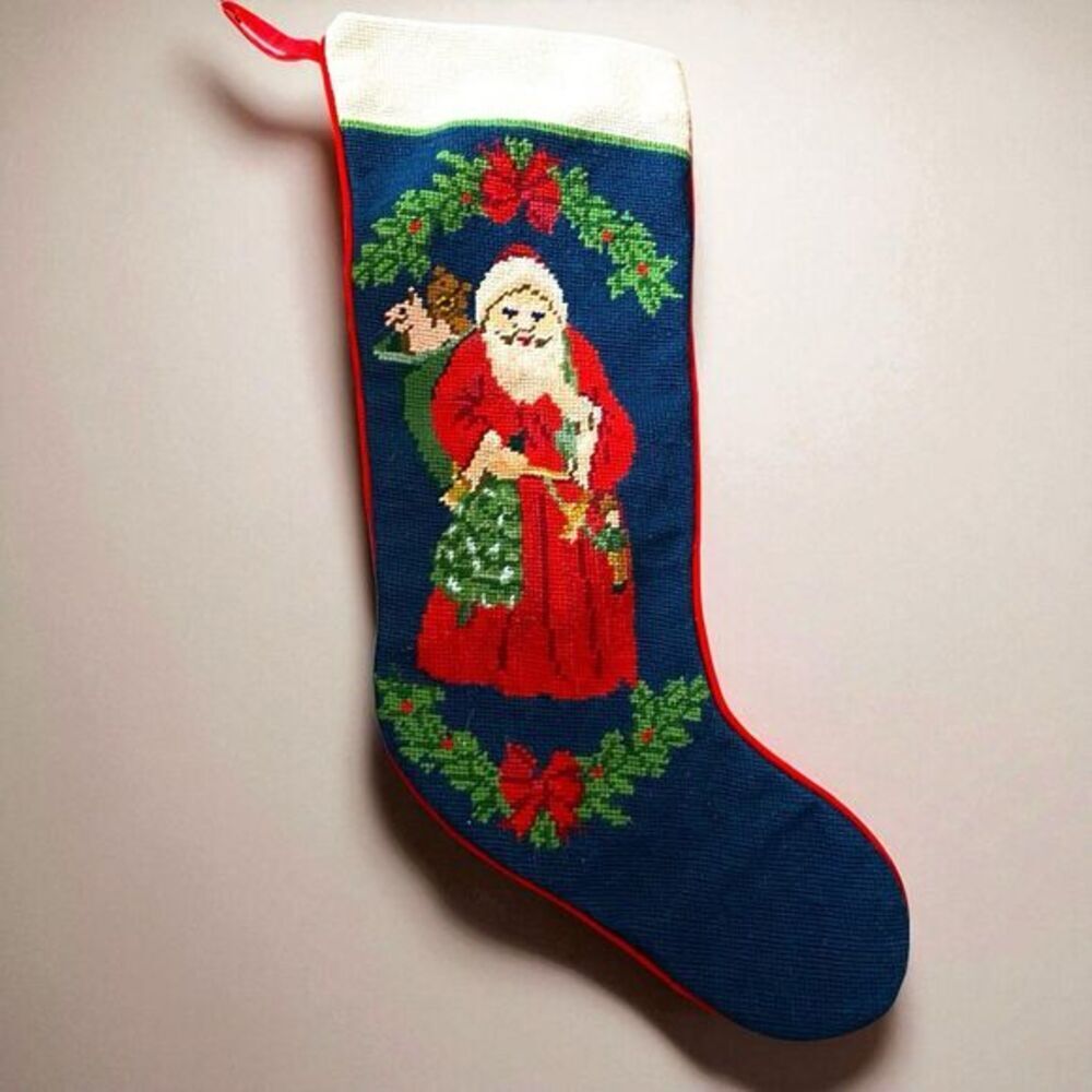 Needlepoint Santa and Teddy Bear Large Christmas Stocking Toys Tree Bow Vintage